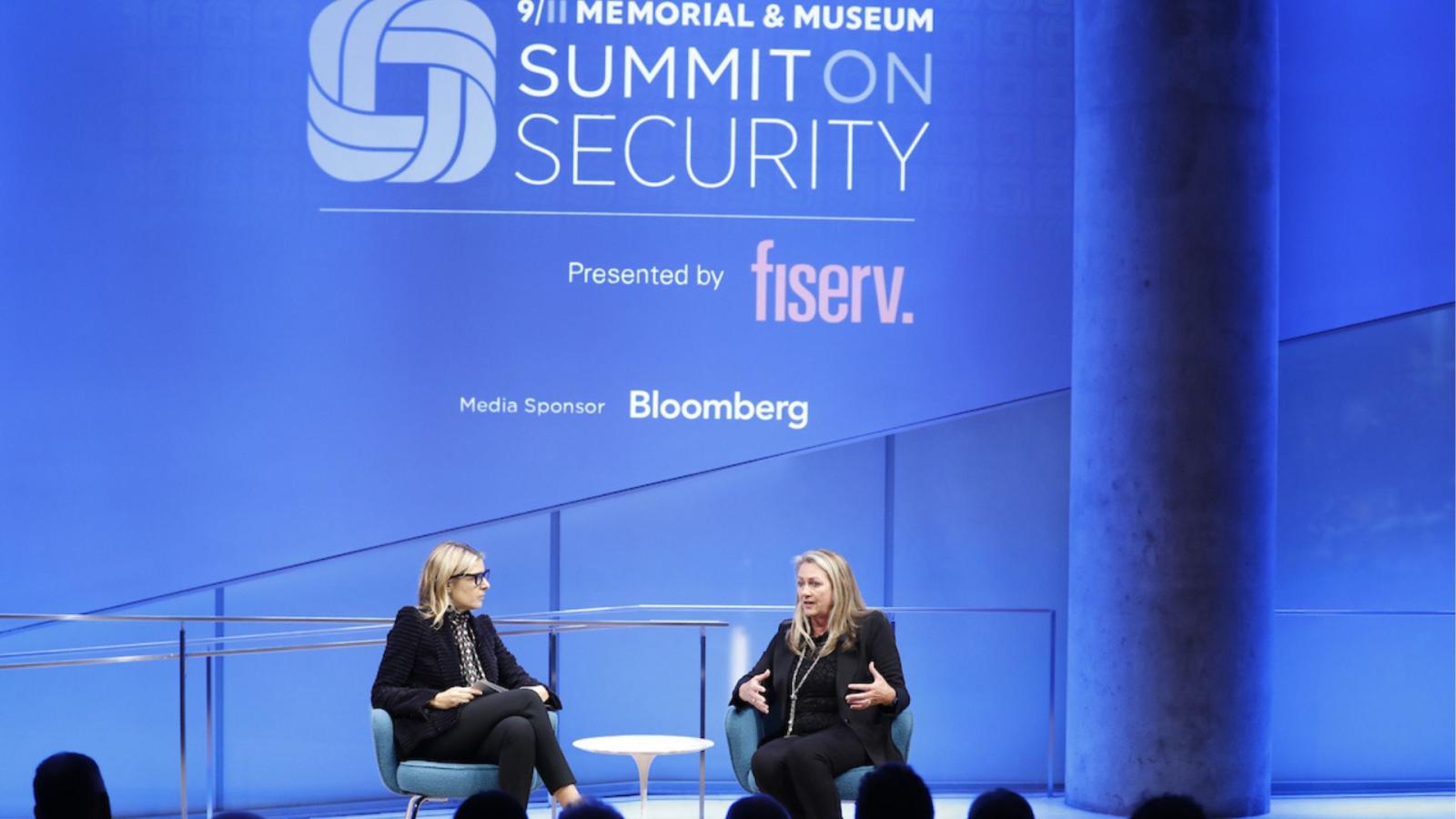 Caryn Seidman-Becker (left) and Vice Admiral Jan E. Tighe on stage at the Museum